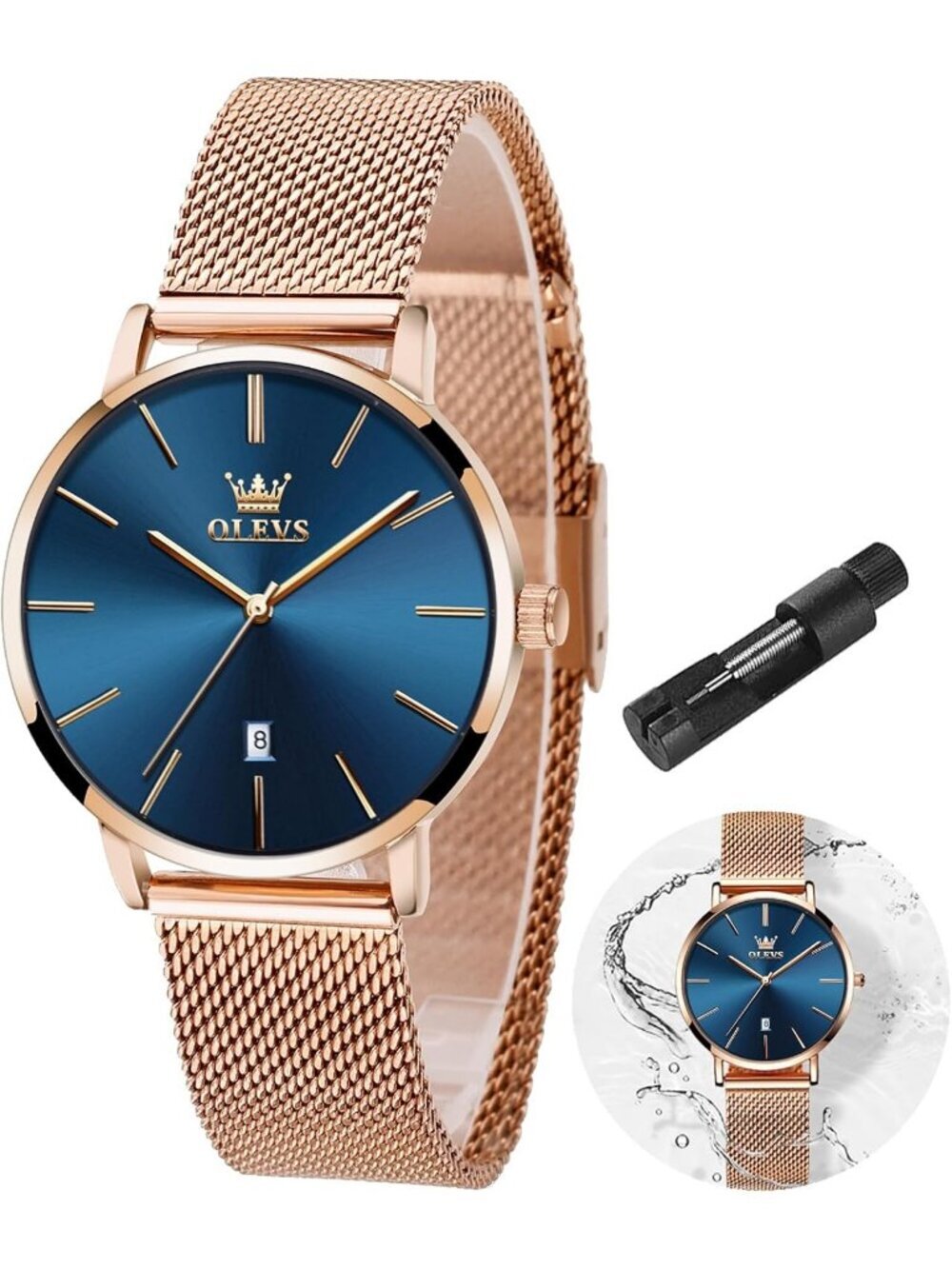 Women's Rose Gold Blue Mesh Stainless Steel Slim Thin Waterproof Luxury Watch